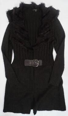 Cecico Y2K Brown Faux Rabbit Fur Trim Belted Long Cardigan M